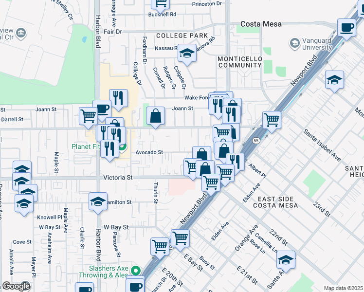 map of restaurants, bars, coffee shops, grocery stores, and more near 2233 Rutgers Drive in Costa Mesa
