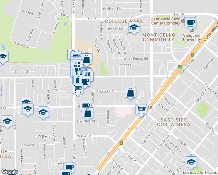 map of restaurants, bars, coffee shops, grocery stores, and more near 327 West Wilson Street in Costa Mesa