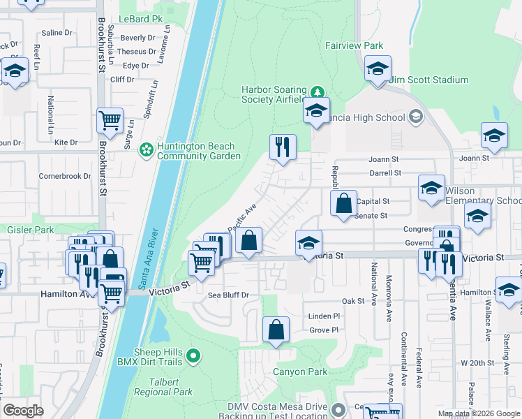 map of restaurants, bars, coffee shops, grocery stores, and more near 2236 Pacific Avenue in Costa Mesa