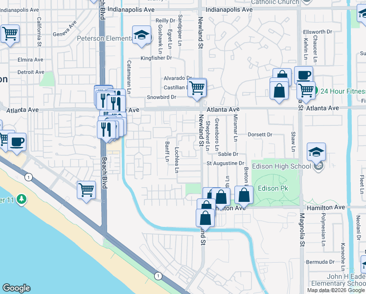 map of restaurants, bars, coffee shops, grocery stores, and more near 8426 Dory Drive in Huntington Beach