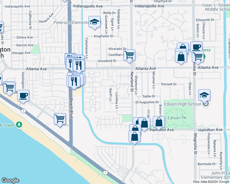 map of restaurants, bars, coffee shops, grocery stores, and more near 21142 Banff Lane in Huntington Beach