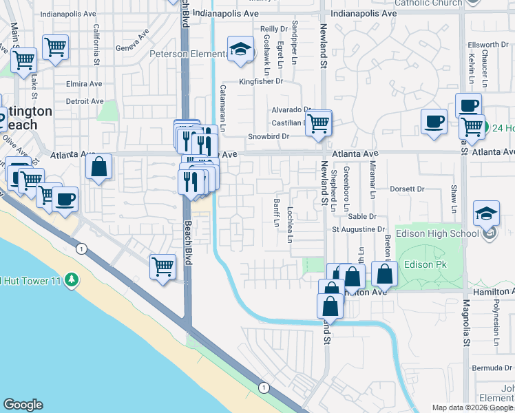 map of restaurants, bars, coffee shops, grocery stores, and more near 21141 Cupar Lane in Huntington Beach