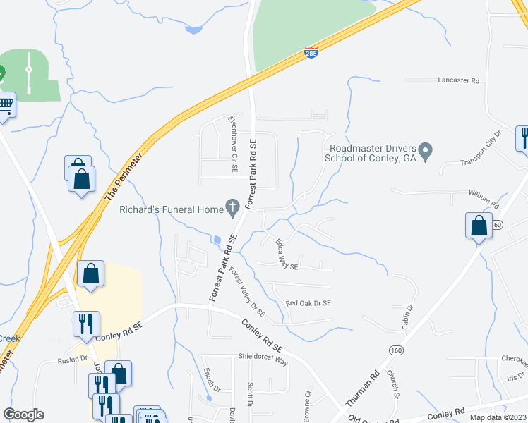 map of restaurants, bars, coffee shops, grocery stores, and more near 3501 Oakshire Way Southeast in Atlanta