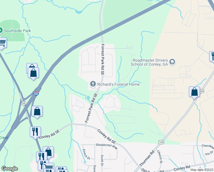 map of restaurants, bars, coffee shops, grocery stores, and more near 3501 Oakshire Way Southeast in Atlanta