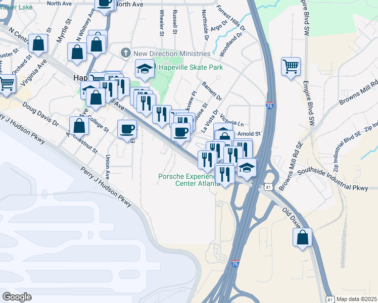 map of restaurants, bars, coffee shops, grocery stores, and more near 397 North Central Avenue in Hapeville