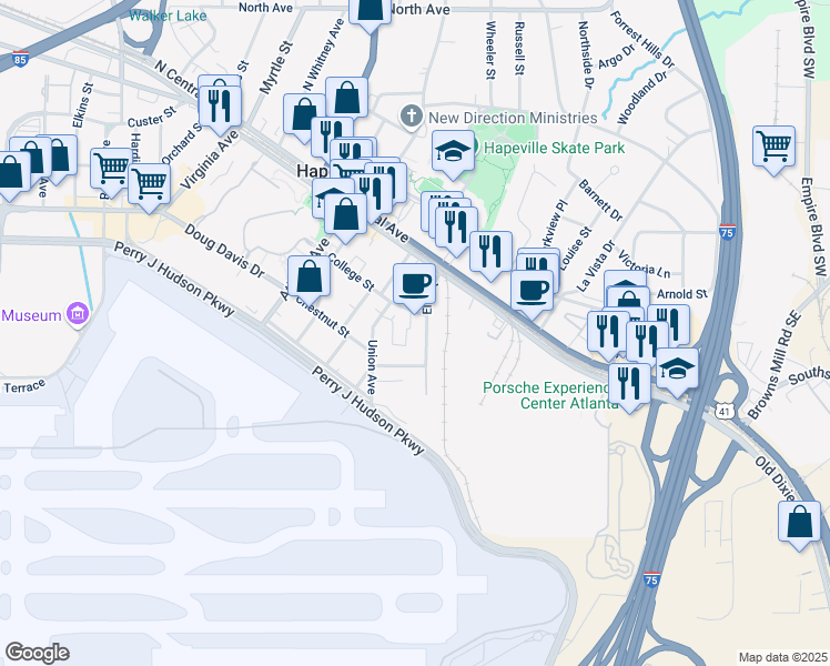map of restaurants, bars, coffee shops, grocery stores, and more near 3637 Elm Street in Atlanta