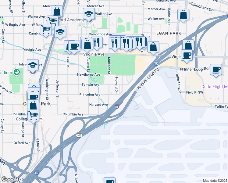 map of restaurants, bars, coffee shops, grocery stores, and more near 3673 Howard Drive in College Park