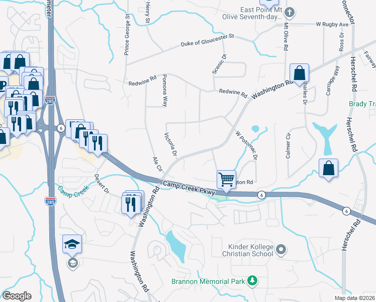 map of restaurants, bars, coffee shops, grocery stores, and more near 3668 Potomac Court in East Point