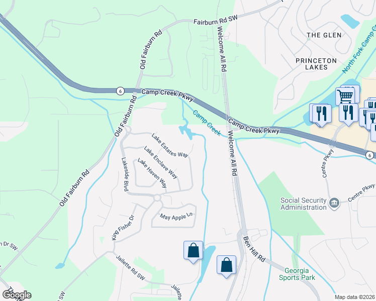 map of restaurants, bars, coffee shops, grocery stores, and more near 3621 Lake Estates Way in Atlanta