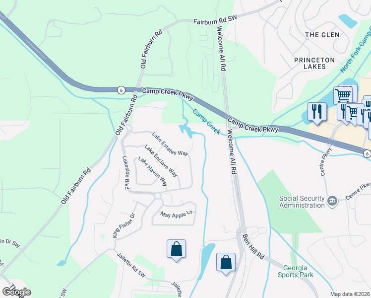 map of restaurants, bars, coffee shops, grocery stores, and more near 3621 Lake Estates Way in Atlanta