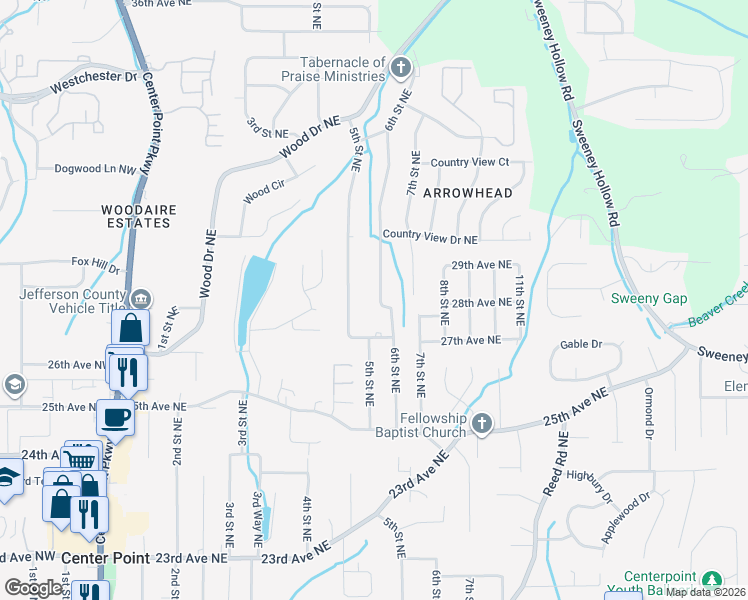 map of restaurants, bars, coffee shops, grocery stores, and more near 2629 6th Street Northeast in Center Point