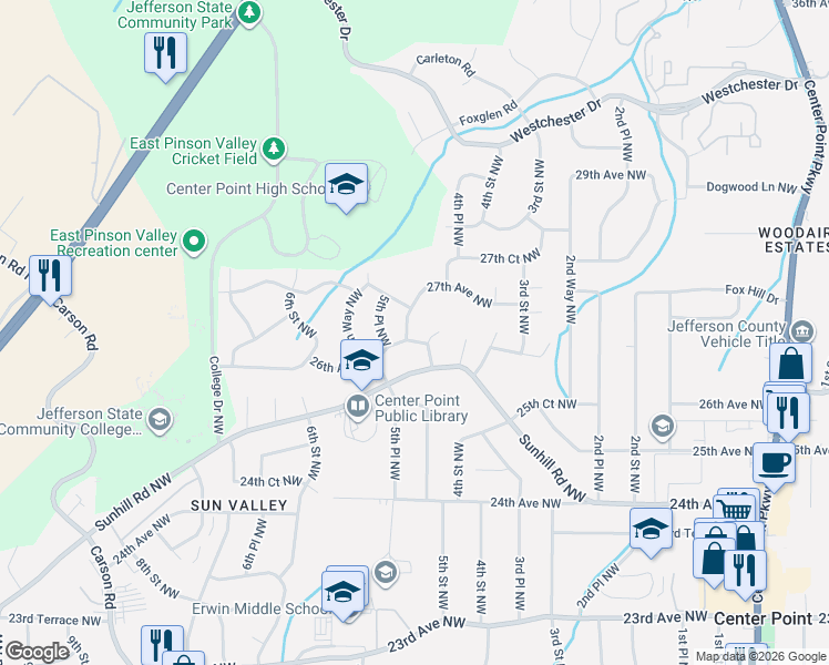 map of restaurants, bars, coffee shops, grocery stores, and more near 2613 5th Street Northwest in Center Point