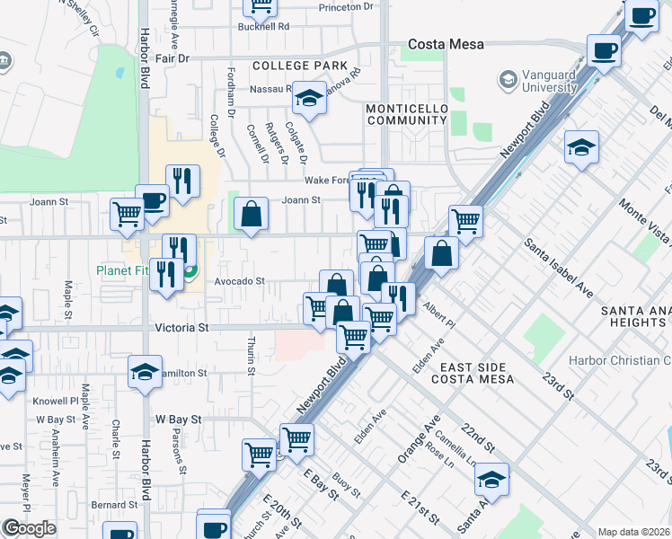 map of restaurants, bars, coffee shops, grocery stores, and more near 2214 Avalon Street in Costa Mesa