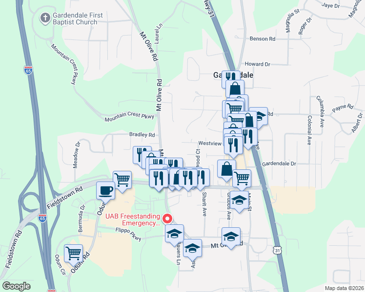 map of restaurants, bars, coffee shops, grocery stores, and more near 424 Westview Road in Gardendale