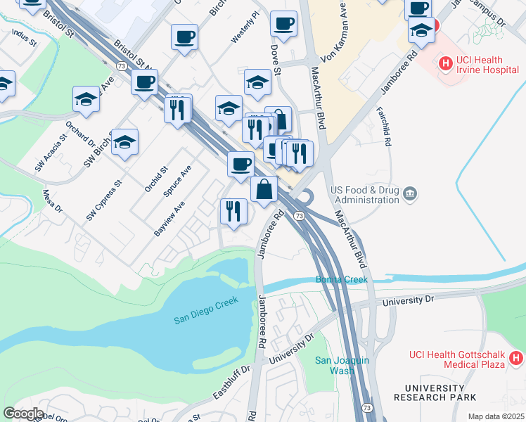 map of restaurants, bars, coffee shops, grocery stores, and more near 3501 Jamboree Road in Newport Beach