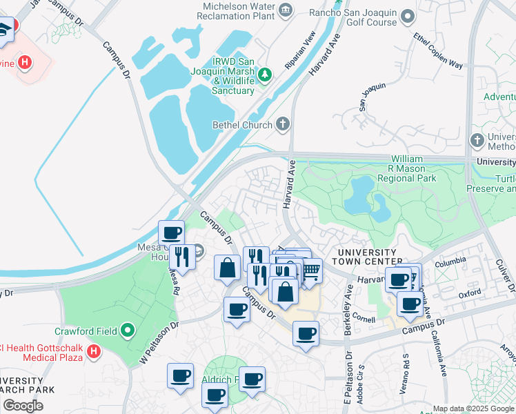 map of restaurants, bars, coffee shops, grocery stores, and more near 80 Stanford Court in Irvine