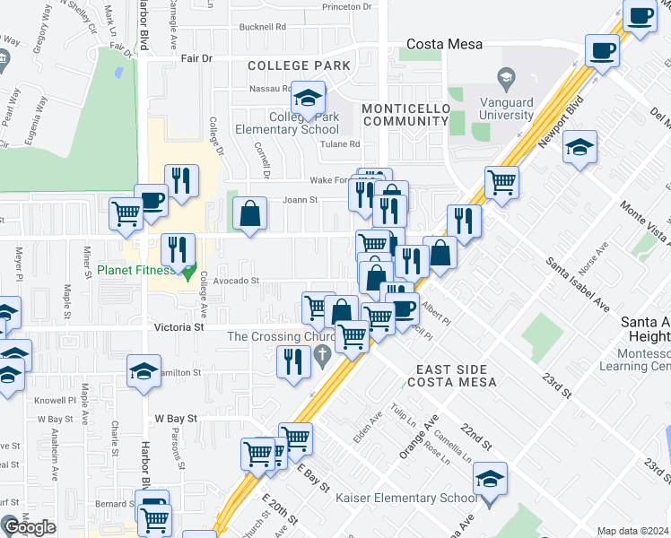 map of restaurants, bars, coffee shops, grocery stores, and more near 2214 Avalon Street in Costa Mesa