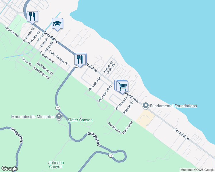map of restaurants, bars, coffee shops, grocery stores, and more near 15148 Anchor Way in Lake Elsinore