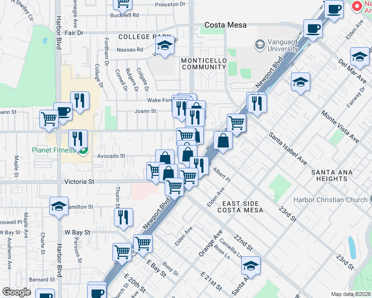 map of restaurants, bars, coffee shops, grocery stores, and more near 2233 Fairview Road in Costa Mesa