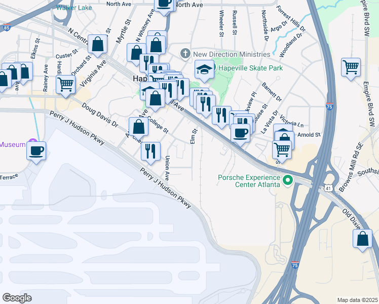 map of restaurants, bars, coffee shops, grocery stores, and more near 3637 Elm Street in Atlanta