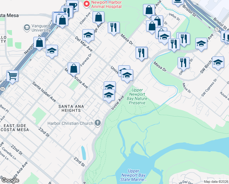 map of restaurants, bars, coffee shops, grocery stores, and more near 2580 Willo Lane in Costa Mesa