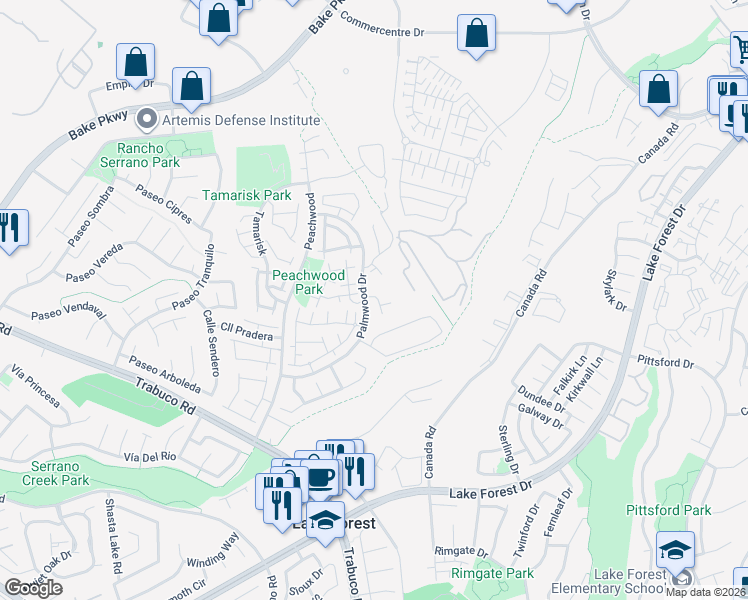 map of restaurants, bars, coffee shops, grocery stores, and more near 21203 Camelia in Lake Forest