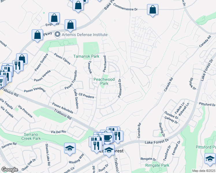 map of restaurants, bars, coffee shops, grocery stores, and more near 21206 Jasmines Way in Lake Forest