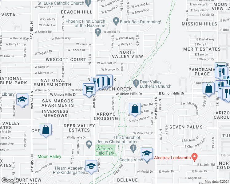 map of restaurants, bars, coffee shops, grocery stores, and more near 424 West Renee Drive in Phoenix