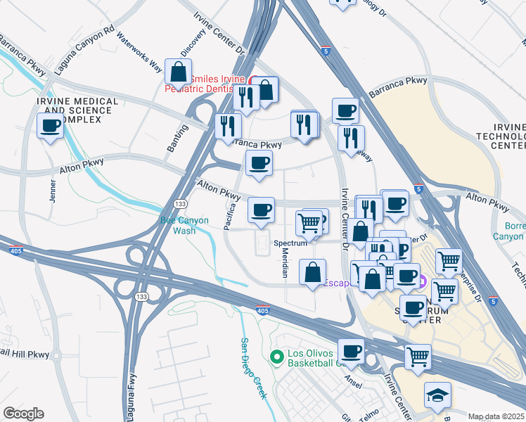 map of restaurants, bars, coffee shops, grocery stores, and more near 7614 Alton Parkway in Irvine