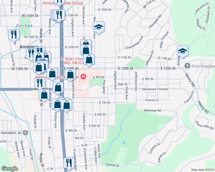 map of restaurants, bars, coffee shops, grocery stores, and more near 711 Oak Street in Anniston