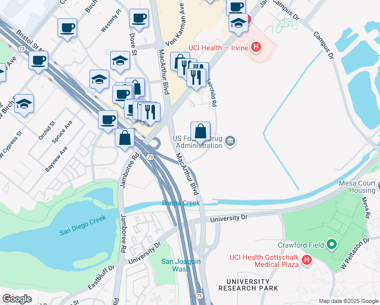 map of restaurants, bars, coffee shops, grocery stores, and more near 19800 Macarthur Boulevard in Irvine