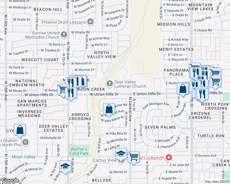 map of restaurants, bars, coffee shops, grocery stores, and more near 220 West Union Hills Drive in Phoenix