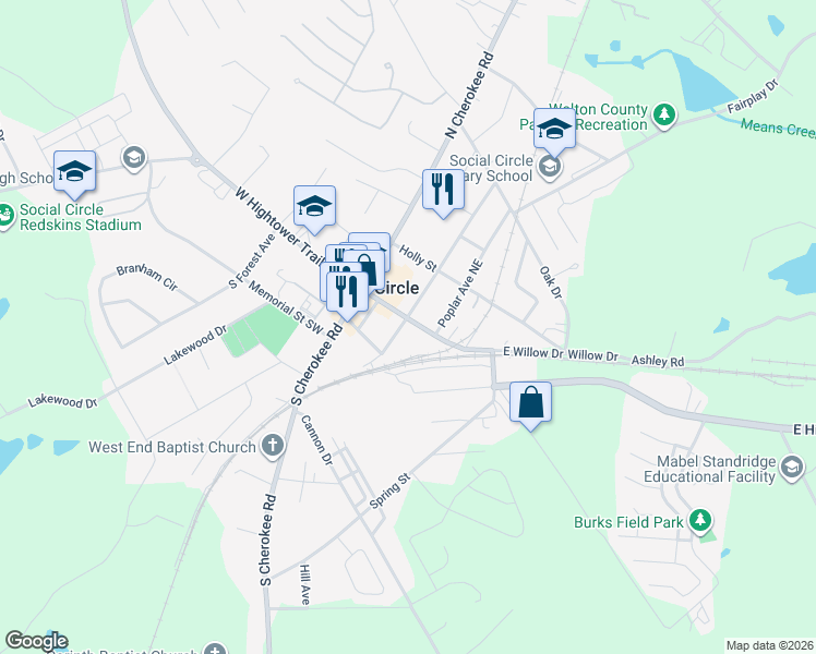 map of restaurants, bars, coffee shops, grocery stores, and more near 210 East Hightower Trail in Social Circle