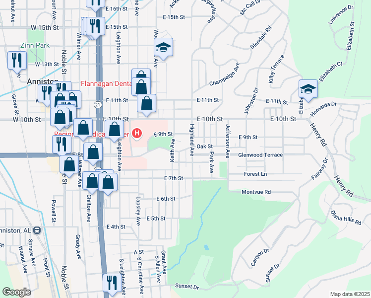 map of restaurants, bars, coffee shops, grocery stores, and more near 721 Oak Street in Anniston