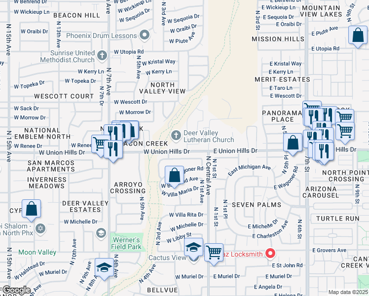 map of restaurants, bars, coffee shops, grocery stores, and more near 18602 North 2nd Avenue in Phoenix