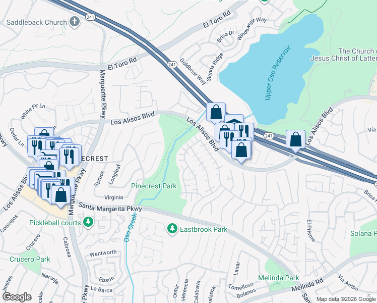 map of restaurants, bars, coffee shops, grocery stores, and more near 21141 Cancun in Mission Viejo