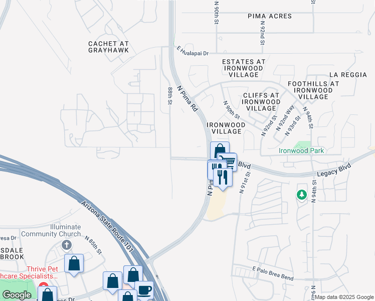 map of restaurants, bars, coffee shops, grocery stores, and more near 8890 Legacy Boulevard in Scottsdale