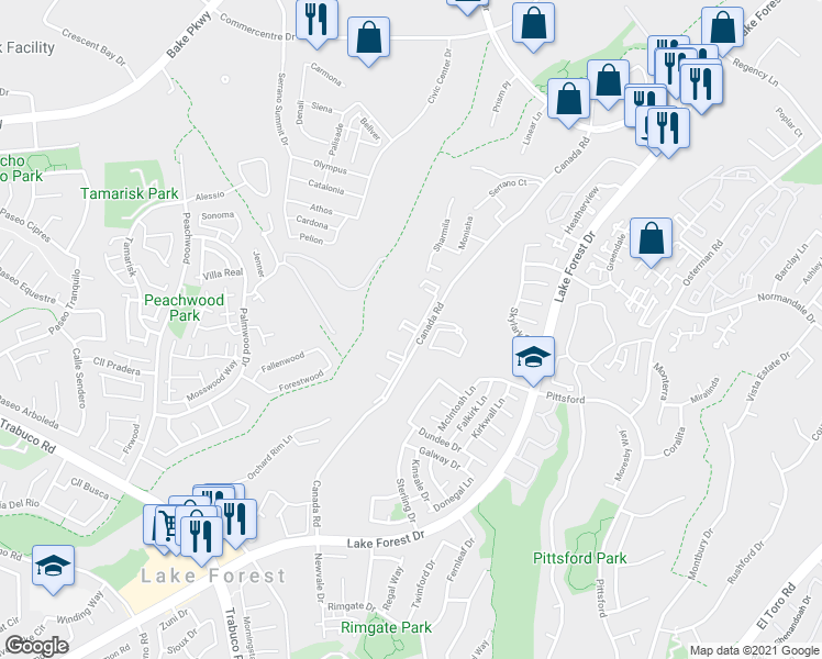 map of restaurants, bars, coffee shops, grocery stores, and more near 21141 Canada Road in Lake Forest