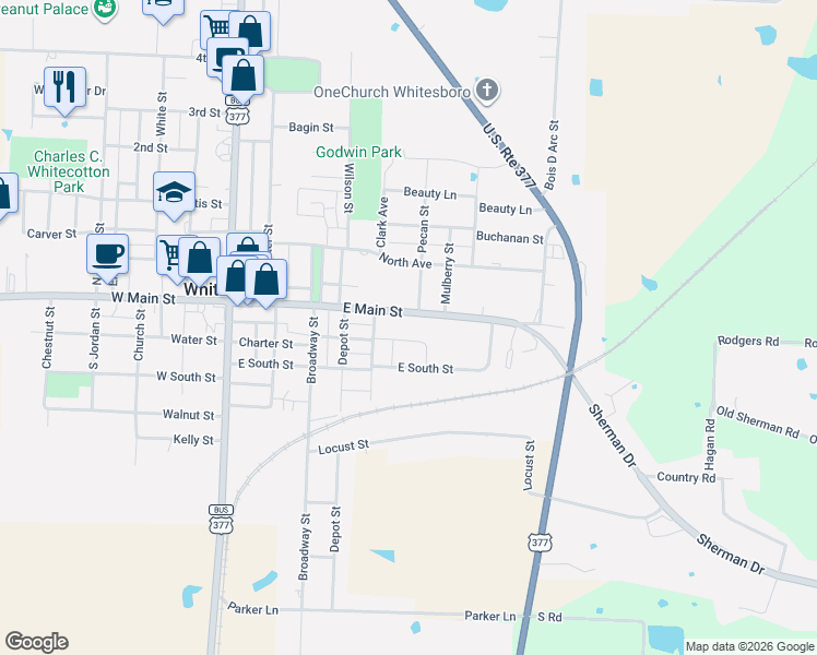 map of restaurants, bars, coffee shops, grocery stores, and more near 511 East Main Street in Whitesboro