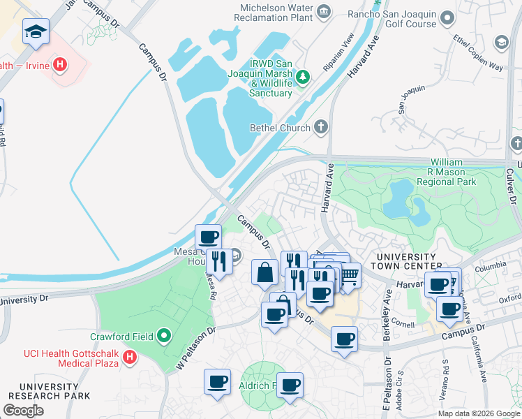 map of restaurants, bars, coffee shops, grocery stores, and more near 341 Stanford Court in Irvine