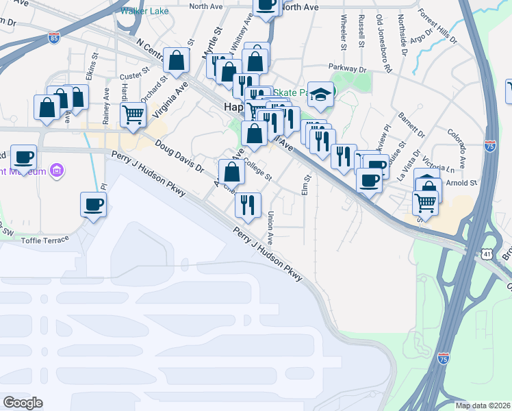 map of restaurants, bars, coffee shops, grocery stores, and more near 3643 Georgia Avenue in Hapeville