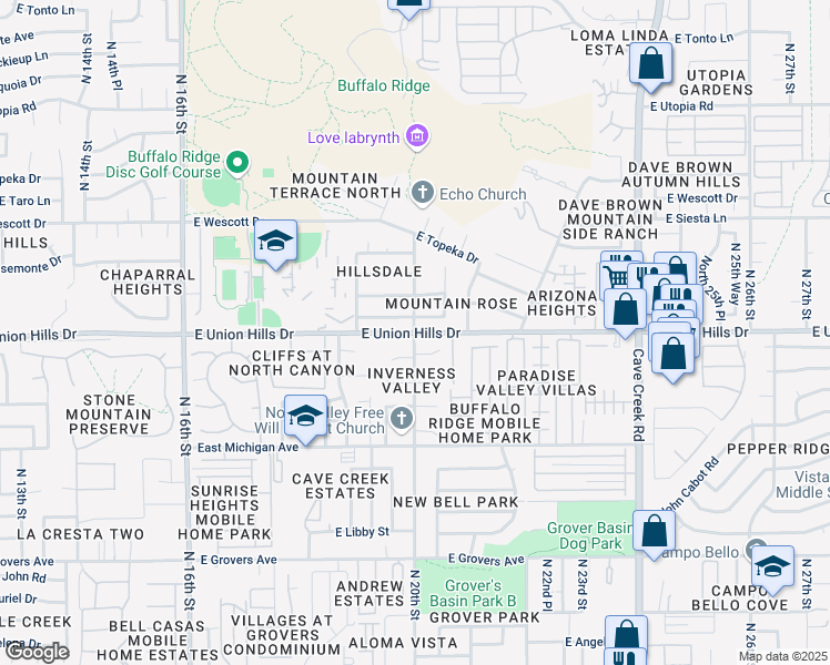 map of restaurants, bars, coffee shops, grocery stores, and more near E Union Hills Dr & N 20th St in Phoenix
