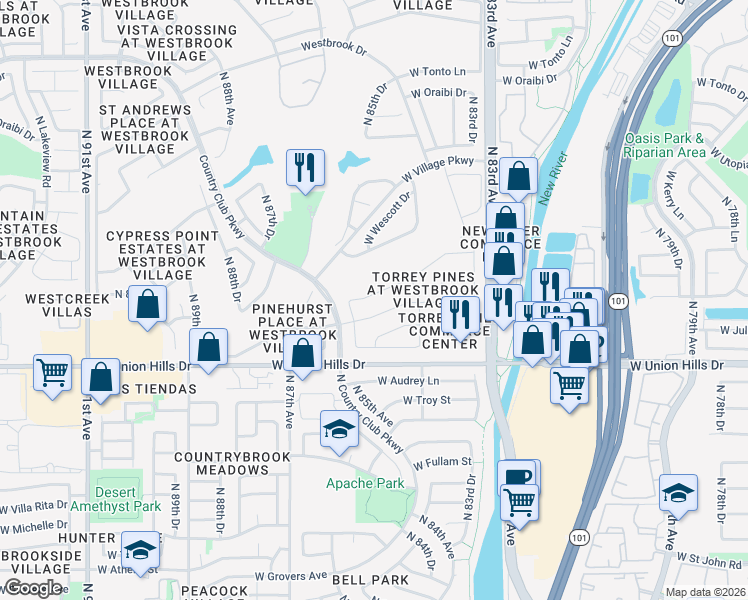 map of restaurants, bars, coffee shops, grocery stores, and more near 8450 West Rosemonte Drive in Peoria