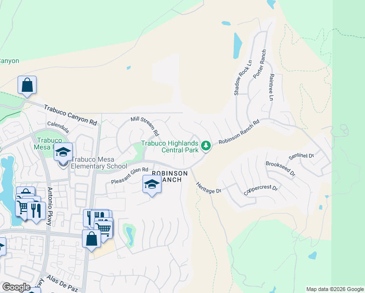 map of restaurants, bars, coffee shops, grocery stores, and more near 32291 Mill Stream Road in Trabuco Canyon