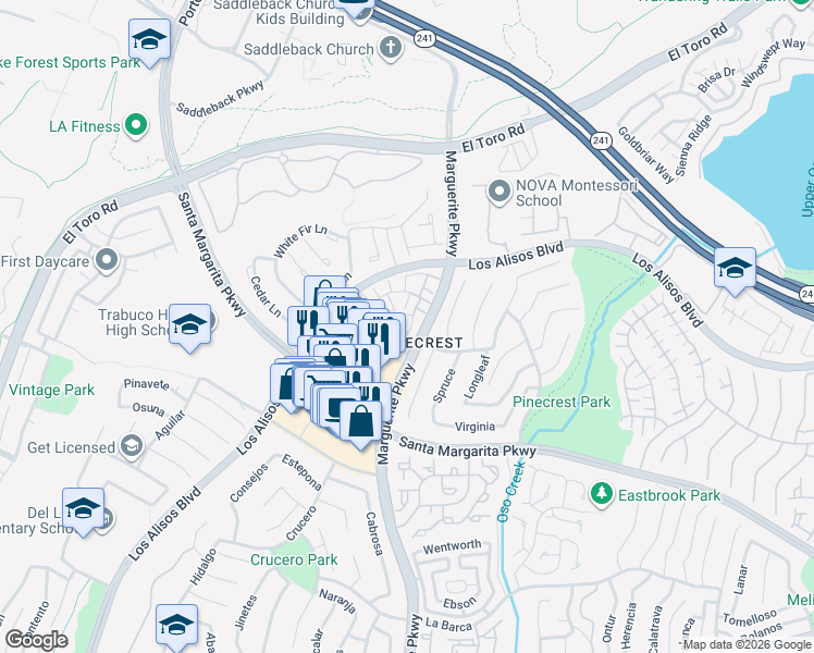 map of restaurants, bars, coffee shops, grocery stores, and more near in Mission Viejo