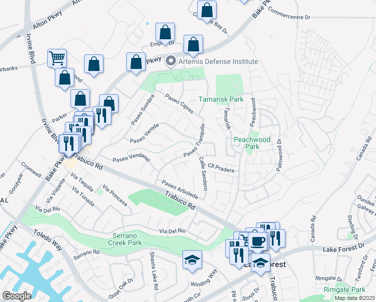 map of restaurants, bars, coffee shops, grocery stores, and more near 25052 Calle Arenal in Lake Forest