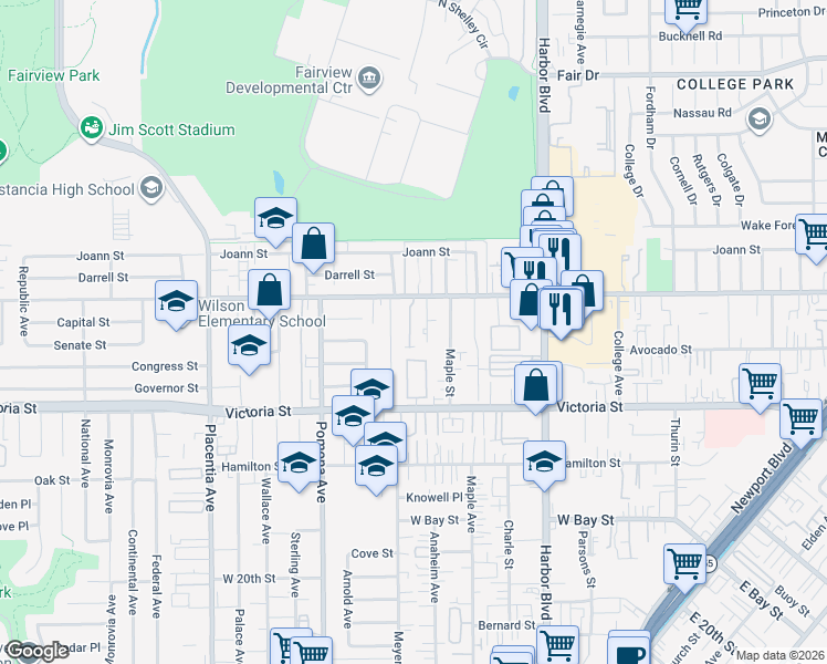 map of restaurants, bars, coffee shops, grocery stores, and more near 621 West Wilson Street in Costa Mesa