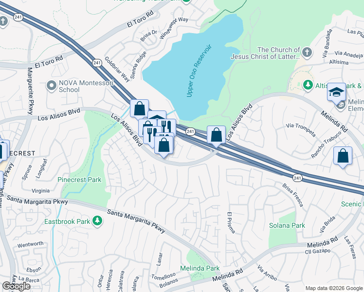 map of restaurants, bars, coffee shops, grocery stores, and more near Los Alisos Blvd in Mission Viejo