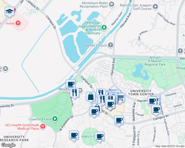 map of restaurants, bars, coffee shops, grocery stores, and more near 385 Stanford in Irvine