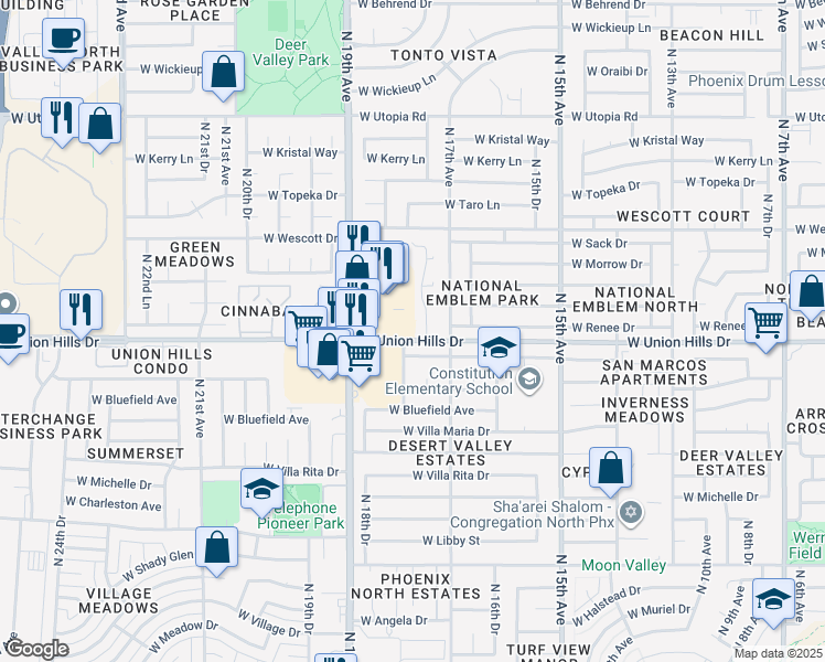 map of restaurants, bars, coffee shops, grocery stores, and more near 18631 North 19th Avenue in Phoenix
